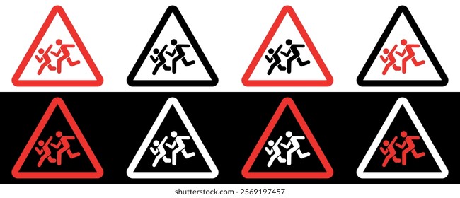 Pedestrian Warning Sign Design Variations. Vector illustration isolated on black and white background.