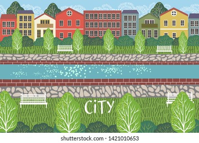 Pedestrianized street. Cute cityscape vector illustration with river, buildings, houses and trees. Urban scene drawing