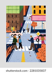 Pedestrians in big city. Men and women cross road. Town infrastructure and highways with transport. Urban lifestyle and landscape. Poster with cityscape and residents. Cartoon flat vector illustration