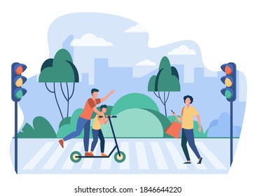 Pedestrians Breaking Traffic Rules. People Using Cell, Riding Scooter On Crosswalk Flat Vector Illustration. Road Safety, Warning Concept For Banner, Website Design Or Landing Web Page