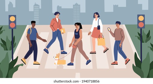 Pedestrians cross the road, men and women, students and workers crosswalk moving by road in the city street, traffic lights, urban lifestyle, hand drawn modern trendy flat cartoon vector illustration