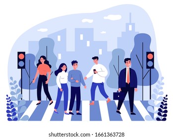 Pedestrians crossing city street at traffic lights. Office people walking across avenue. Vector illustration for road, city, lifestyle, crosswalk concept