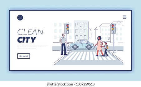 Pedestrians crossing road on crosswalk with street lights, template landing page design. Cartoon characters moving to office or school. Safety traffic concept. Linear vector illustration