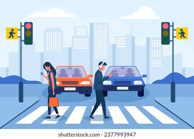 Fußgänger überqueren die Straße auf Traffic Light Website Landing Page, Geschäftsmann mit Smartphone, City-Webseite. Flache Cartoon-Vektorgrafik, Verkehrslichtkonzept