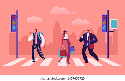 Pedestrians Crossing Road at Traffic Light Website Landing Page, Businessman with Smartphone, Man with Backpack and Woman with Shopping Bags in City Web Page. Cartoon Flat Vector Illustration Banner