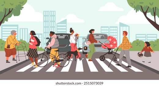 Fußgänger überqueren die Straße auf Zebra. Eine Menge verschiedener Menschen, die die Straße am Kreuzweg überqueren. Cartoon Sicherheit Crosswalk, Automobiltransport Verkehrskontrolle Infrastruktur. Flache Vektorgrafik