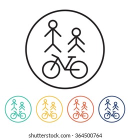 Pedestrians and cyclists sign. Vector illustration in trendy linear style of a bicycle and two people symbolizing road for pedestrians and bicyclist only. 