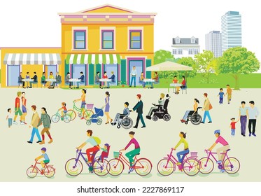 Pedestrians and disabled people in the city park, illustration