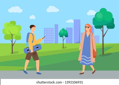 Pedestrians man and woman going in urban park, portrait view of people in casual clothes, cityscape of buildings and trees, walking outdoor vector