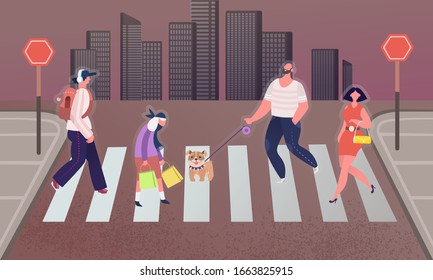 Pedestrians people on the crosswalk in the city. Man walks with a dog, businesswoman Crosses the road. Men and Women Characters Hurry at Work on Urban Background. Cartoon Flat Vector Illustration