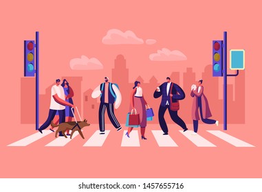 Pedestrians People Walking on City Street. Men and Women Characters Hurry at Work on Urban Background with Traffic Lights and Crosswalk Moving by Road, Lifestyle, Cartoon Flat Vector Illustration