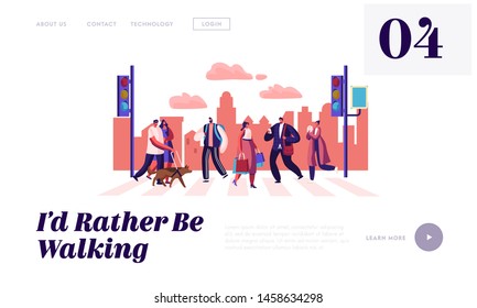 Pedestrians People Walking on City Street Website Landing Page, Men and Women Characters Hurry on Urban Background with Traffic Lights and Crosswalk Web Page. Cartoon Flat Vector Illustration, Banner