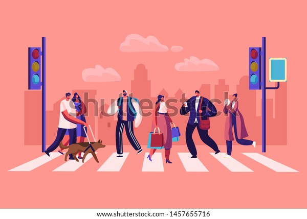 街の通りを歩く人々 都会の背景に男性と女性のキャラクターが 道路やライフスタイル 漫画の平らなベクターイラストを使って 信号や横断歩道を急ぐ のベクター画像素材 ロイヤリティフリー
