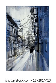 Fußgänger spazieren in einer Regenstrasse in Tokio hinunter - Vektorillustration Illustration (Ideal zum Drucken auf Stoff oder Papier, Plakat oder Tapete, Hausdekoration) Alle Zeichen sind fiktiv