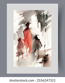 Pedestrians walk through city at night holding hands on poster. Watercolor artwork. Wall art with woman and two pedestrians walking home along scary streets, in frame with decor for print