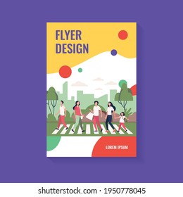 Pedestrians walking across street. People crossing road at traffic light. Vector illustration for crosswalk, road safety, citizens concept