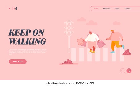 Pedestrians Walking on City Street, Crossing Road at Traffic Light Website Landing Page. People Rushing to Work, Woman with Shopping Bags Web Page. Flat Vector Illustration Banner