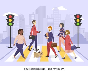 Pedestrians walking on the city street. Male and female characters hurry at work on urban background with traffic lights and crosswalk moving by road, cartoon vector Illustration