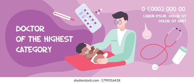 Pediatric banner flat background with advertising text available for editing and characters of doctor with infant vector illustration