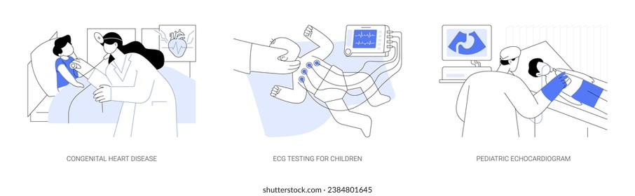 Conjunto de ilustraciones vectoriales del concepto abstracto de cardiología pediátrica. Enfermedad cardiaca congénita, ECG para niños, ecocardiograma pediátrico en latido cardíaco, metáfora abstracta de diagnóstico sonográfico.