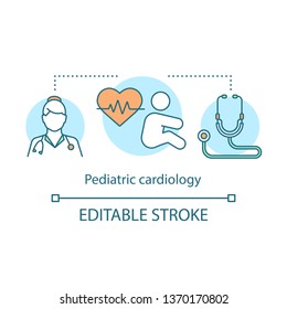 Pediatric Cardiology Concept Icon. Kid Heart Diagnosis. Cardiologist, Stethoscope, Cardiogram. Babe Health Care Center Idea Thin Line Illustration. Vector Isolated Outline Drawing. Editable Stroke