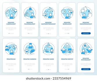 Pediatric care blue onboarding mobile app screen set. Baby doctor walkthrough 5 steps editable graphic instructions with linear concepts. UI, UX, GUI template. Myriad Pro-Bold, Regular fonts used