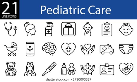 Pediatric care line icon set in minimalist style, stethoscope, baby, doctor, nurse, and hospital