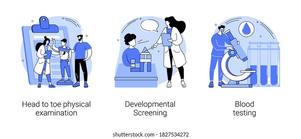 Pediatric Check Up Abstract Concept Vector Illustration Set. Head To Toe Physical Examination, Developmental Screening, Blood Testing, Children Health Issue Diagnostics Abstract Metaphor.