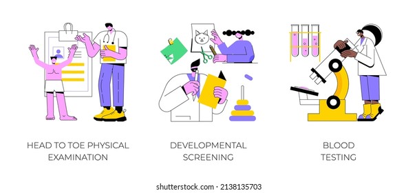 Pediatric check up abstract concept vector illustration set. Head to toe physical examination, developmental screening, blood testing, children health issue diagnostics abstract metaphor.