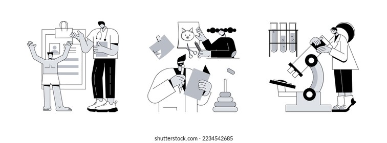 Pediatric check up abstract concept vector illustration set. Head to toe physical examination, developmental screening, blood testing, children health issue diagnostics abstract metaphor.