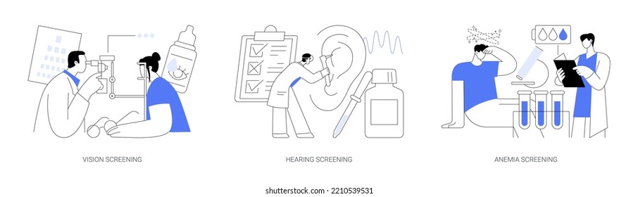 Pediatric checkup abstract concept vector illustration set. Vision and hearing screening, anemia exam, vision test, ear problem, iron deficiency lab test, disability diagnosis abstract metaphor.