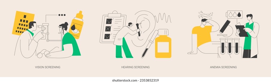 Abstraktes Konzept für die pädiatrische Prüfung, Vektorgrafik-Set. Screening von Sehvermögen und Hörvermögen, Anämie-Prüfung, Sehtest, Ohrproblem, Eisenmangeltest, Diagnose einer Behinderung abstrakte Metapher.