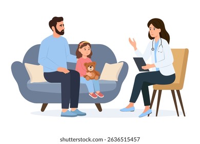 Pediatric checkup of the child. Girl and father at the doctor’s appointment.Pediatrician talking with child patient and dad. Vector Illustration.