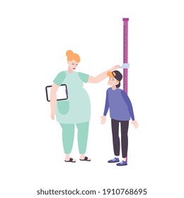 Pediatric checkup composition with characters of female doctor measuring kids height vector illustration