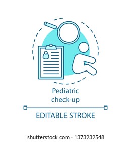 Pediatric check-up concept icon.  Baby health inspection. Kids physical examination. Children health care center idea thin line illustration. Vector isolated outline drawing. Editable stroke