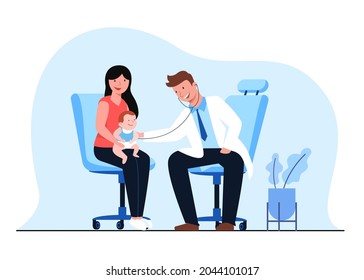 Pediatric Checkup with doctor. Mom and child are examined by a pediatrician. Pediatrician listens to a girl and a boy with a stethoscope Flat vector illustration 