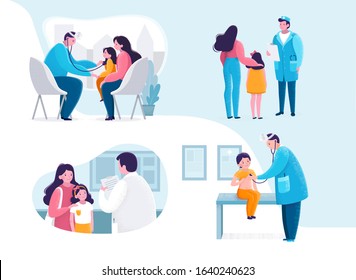 Pediatric Checkup with doctor, patient child and mother. Pediatrician listens to a girl and a boy with a stethoscope.  Happy people in the hospital. Flat style vector stock illustration set isolated.