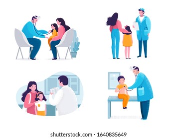 Pediatric checkup scene with doctor, child and mother. A pediatrician doctor examines a patient and listens to him with a statoscope. Vector stock illustration isolated on white background. Flat style