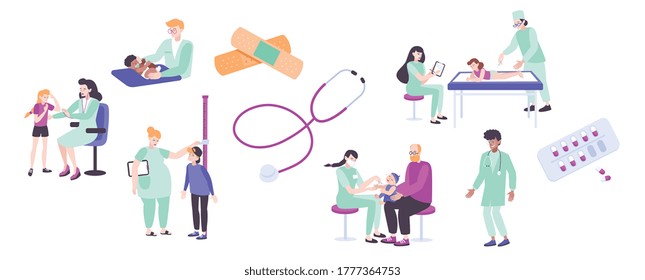 Conjunto de chequeo pediátrico de íconos planos e imágenes aisladas de suministros médicos y médicos con ilustraciones vectoriales de pacientes