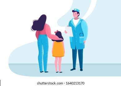 Pediatric and child with mother. Girl making a checkup at the doctor’s office. Doctor with stethoscope says the diagnosis. Happy patients. Vector stock illustration isolated. Flat style. 