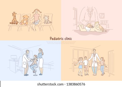 Pediatric clinic, baby in pediatrician office, girl in hospital waiting room, children visiting doctor banner template