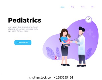 Pediatric clinic. Clinical pediatric checkup, mother holding sick toddler and doctor with stethoscope listening his lungs. healthcare vector landing page