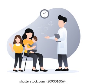 Pediatric clinic. Clinical pediatric checkup, mother holding sick toddler and doctor with stethoscope listening his lungs. healthcare vector landing page