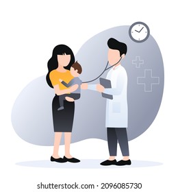 Pediatric clinic. Clinical pediatric checkup, mother holding sick toddler and doctor with stethoscope listening his lungs. healthcare vector landing page