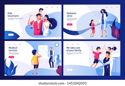 Pediatric Clinic Concept. Mom Sick Child Doctor In Hospital Family Health Checking Pediatric Children Healthcare Vector Landing Page. Check Health Child, Doctor Clinic Ophthalmologist Illustration