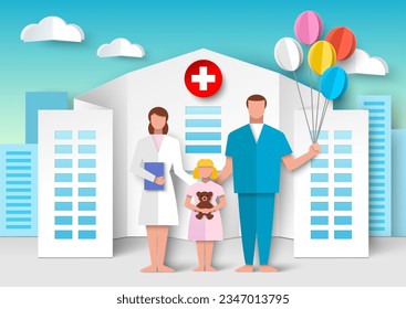 Pediatric clinic department vector illustration. Medical poster with doctor pediatrician, nurse and happy child over hospital building on background in paper cut craft style