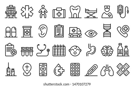 Pediatric clinic icons set. Outline set of pediatric clinic vector icons for web design isolated on white background