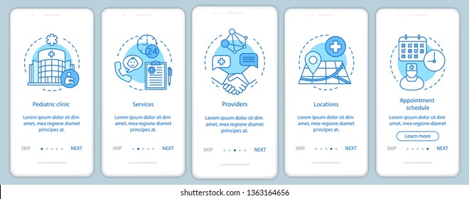 Pediatric clinic onboarding mobile app page screen with linear concepts. Services, appointment schedule, providers, walkthrough steps graphic instructions. UX, UI, GUI vector template with icons