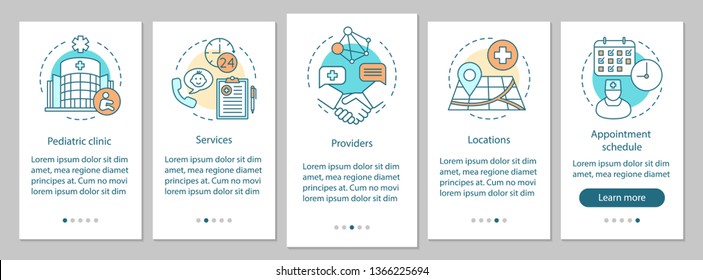 Pediatric clinic onboarding mobile app page screen with linear concepts. Service, provider, location, appointment schedule walkthrough steps graphic instruction. UX, UI, GUI vector template with icons