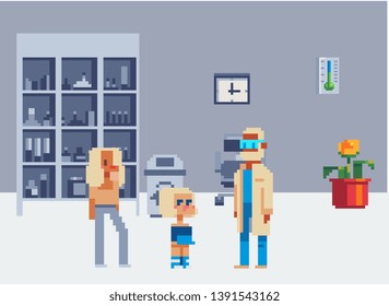 Pediatric Clinic. Pixel Art Stile. Family Doctor With Mother And Kid And Pediatrician Hospital Room Background. Isolated Vector Illustration. 